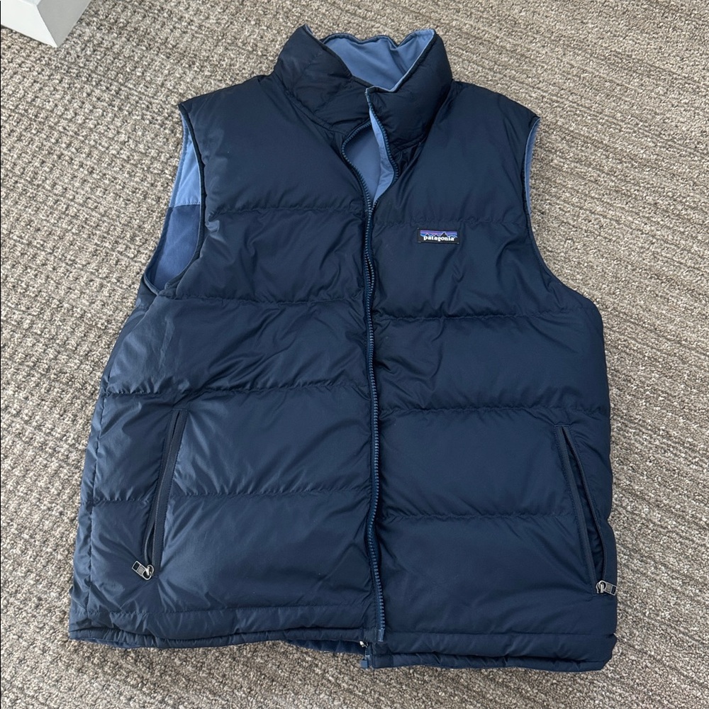 Patagonia Reversible Two-Tone Navy and Sky Blue Down Vest